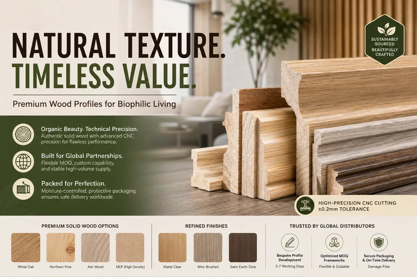 B2B trade catalog cover showcasing wholesale sustainable solid wood picture frame profiles, certified white oak and pine mouldings with precision CNC milling engineering details. B2B trade catalog cover showcasing wholesale sustainable solid wood picture frame profiles, certified white oak and pine mouldings with precision CNC milling engineering details.