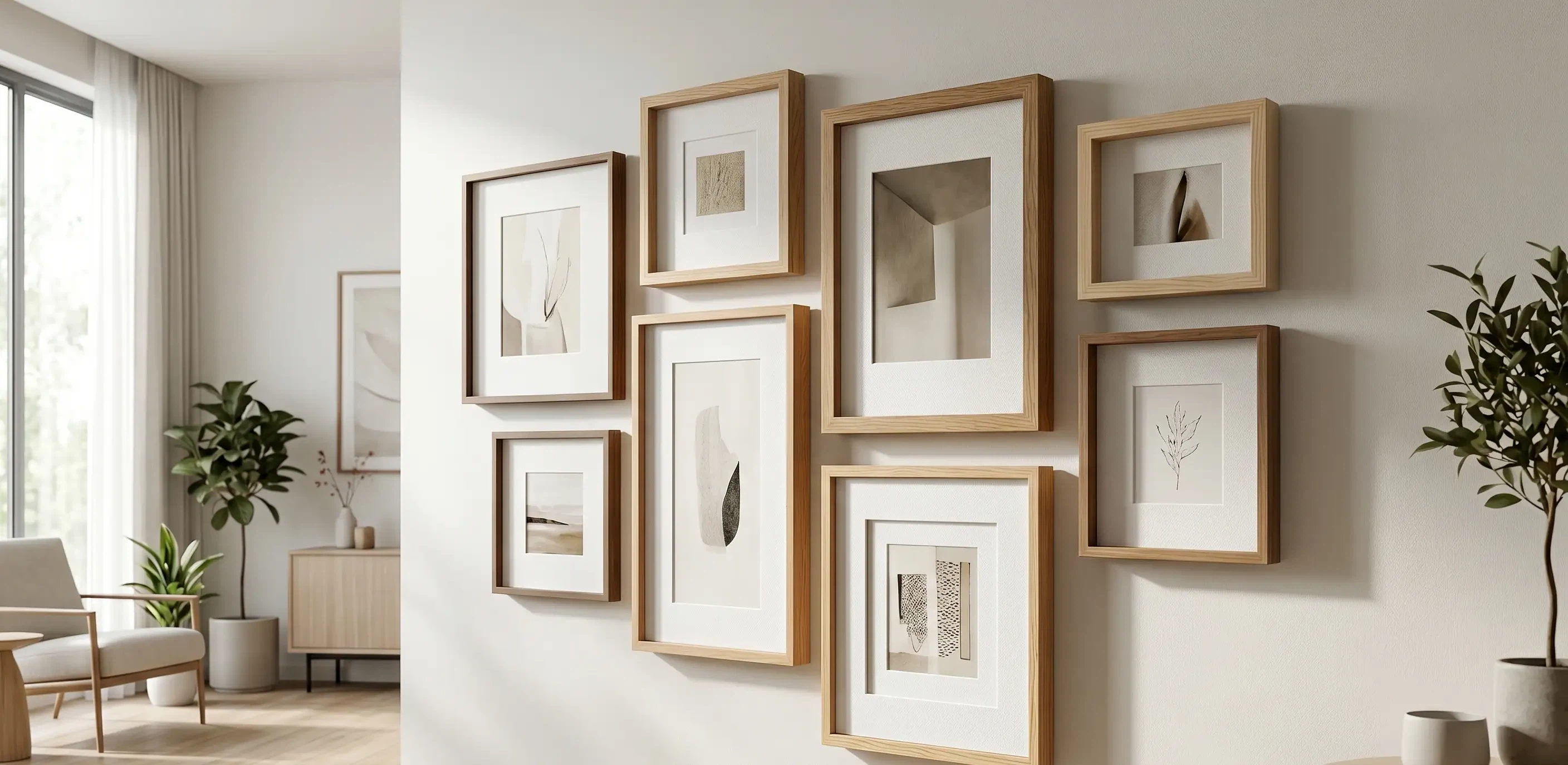 Wholesale premium solid oak picture frames and profiles showcased on a gallery wall, biophilic and tactile interior design style. Wholesale premium solid oak picture frames and profiles showcased on a gallery wall, biophilic and tactile interior design style.